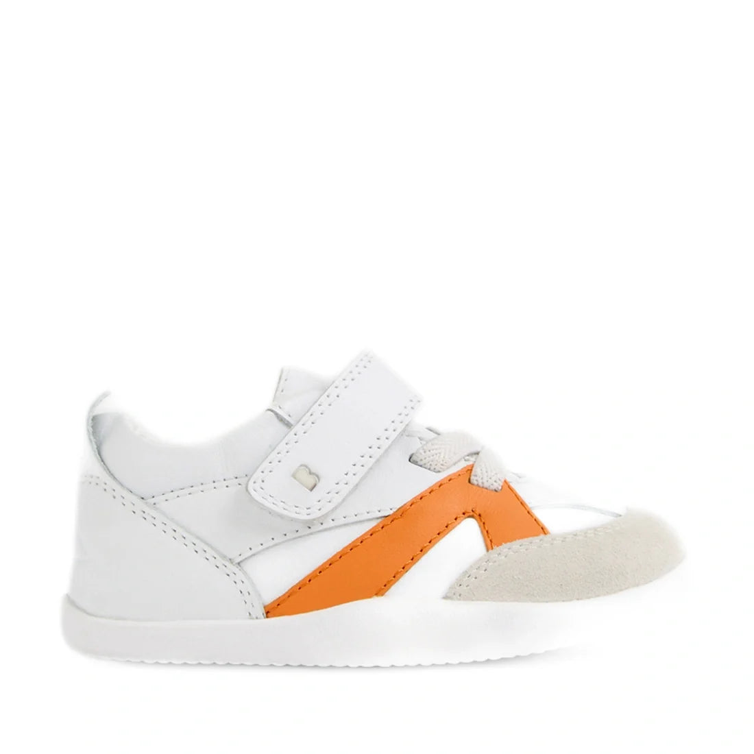 The Bobux Xplorer XP Chase White Orange Peel First Walker Crawler features a white design with a beige toe, orange accent on the side, gray laces, and a Velcro strap. These pre-walker shoes have a flexible sole to provide comfort and support for little fe