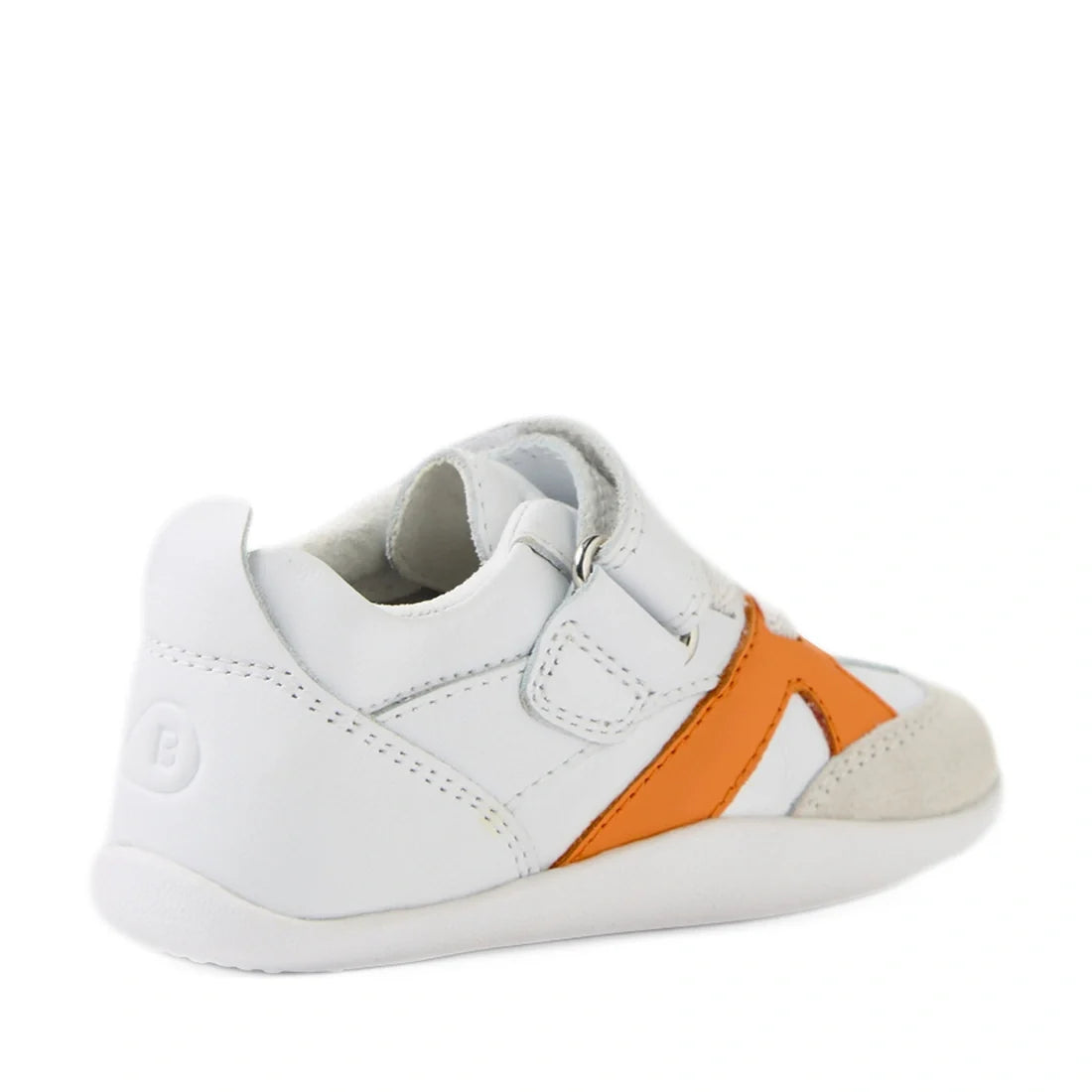 Bobux Xplorer XP Chase White Orange Peel First Walker Crawler, shown from the side, features a soft, flexible sole and a Velcro strap. The toddler sneaker highlights an orange X design on the side and suede detailing on the toe area—ideal as pre-walker sh
