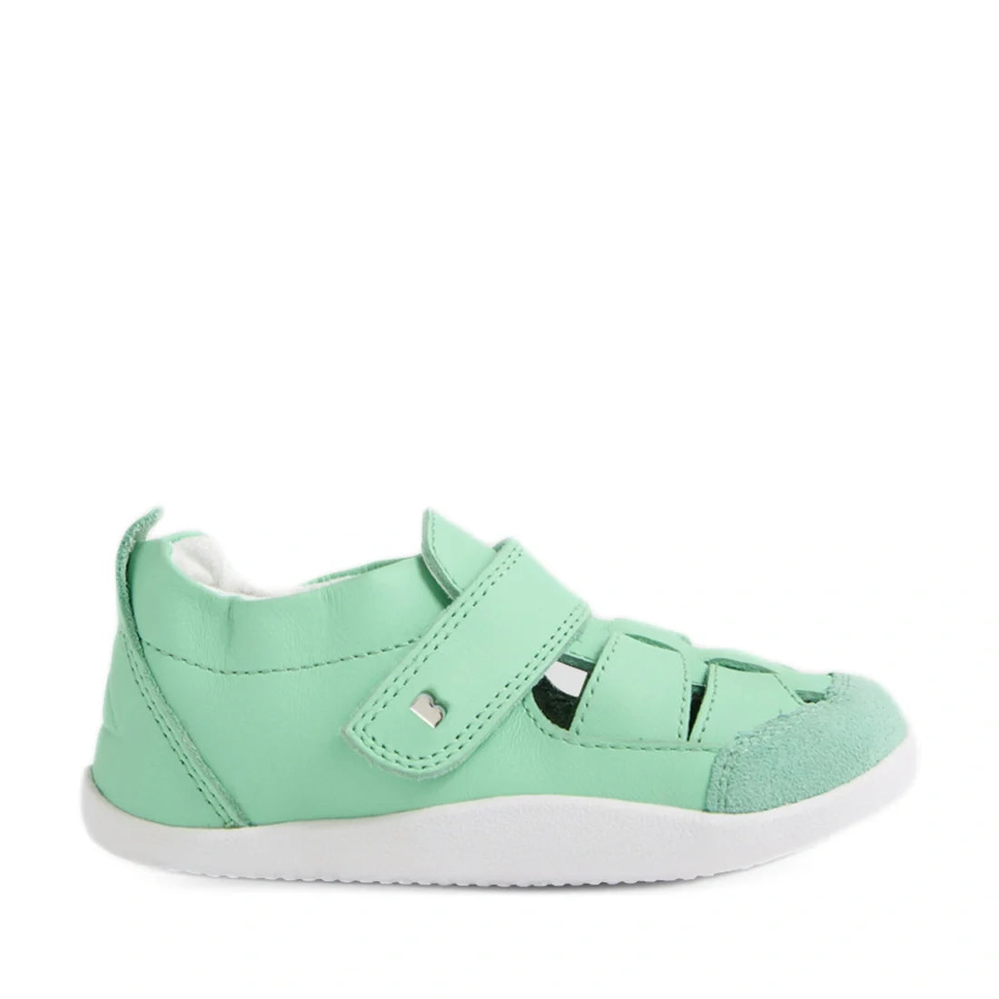 The Bobux XP Explorer Maris First Walker Sandal Jelly Mint is a mint green toddler sandal inspired by classic fisherman designs, featuring a closed toe, velcro strap, white sole, and cut-out sides for breathability—ideal as pre-walker shoes—shown on a whi