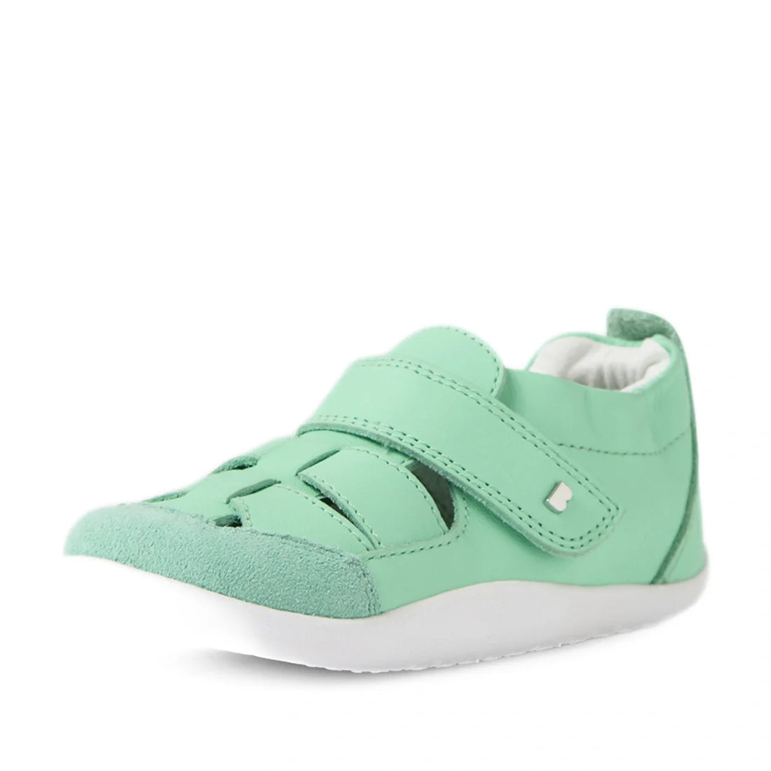 The Bobux XP Explorer Maris First Walker Sandal Jelly Mint is a mint green toddler fisherman sandal with a closed toe, Velcro strap, cutout design, and white sole—crafted in the style of leather baby shoes and shown on a white background., 9420074850942, 