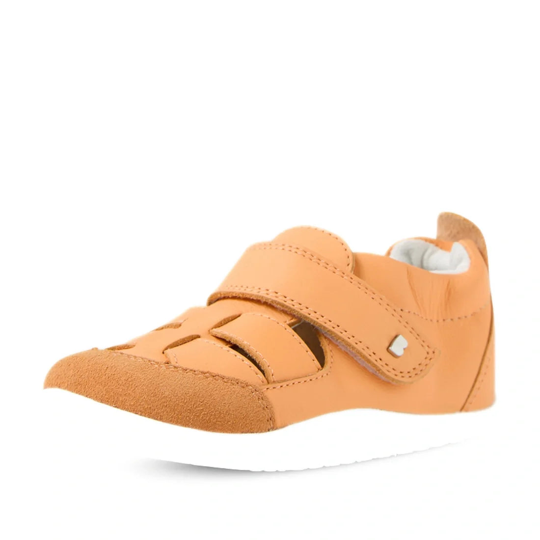 The Bobux XP Explorer Maris First Walker Sandal in Peach Jelly is an orange children’s fisherman sandal featuring a white, flexible sole, velcro strap, and cutout design on the upper—ideal as pre walker shoes and displayed on a white background., 94200748
