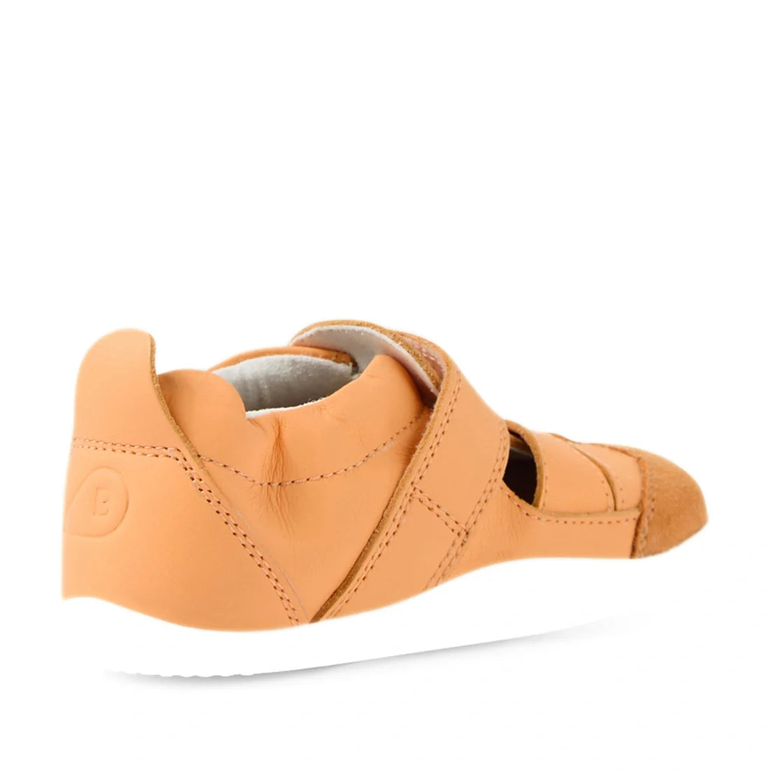 Certainly! Here’s the revised sentence using your product data: The Bobux XP Explorer Maris First Walker Sandal in Peach Jelly is a peach-colored sandal with a white, flexible sole, shown from the back side angle. The shoe showcases a cutout design and vi