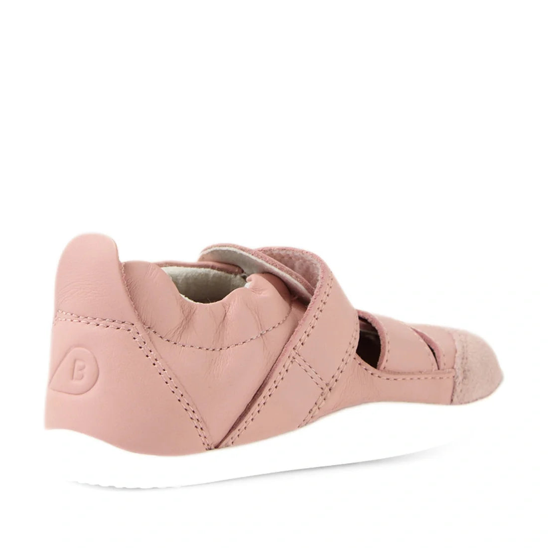 The Bobux XP Explorer Maris First Walker Sandal in pink features soft leather material, a white sole, and velcro straps. Designed as a first walking shoe, it is shown from the back and side angles., 9420074850980, 9420074850997, 9420074851000, 94200748510