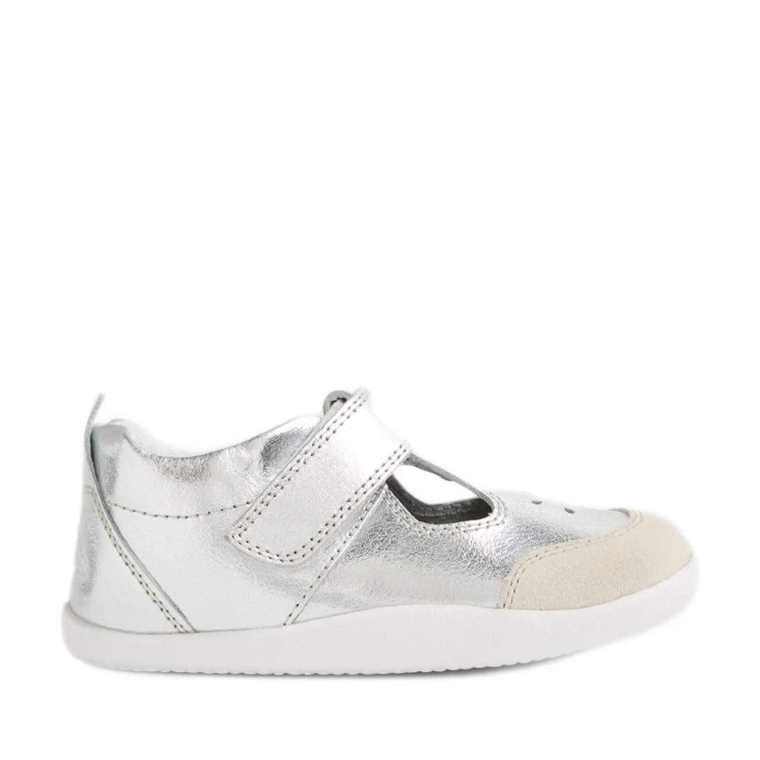 The Bobux XP Explorer Rue First Walker Sandal in Silver features a metallic finish, a white sole, a beige toe cap, and a convenient hook-and-loop strap—ideal as stylish baby shoes or comfortable first walking shoes., 9420074851192, 9420074851208, 94200748