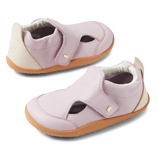 Bobux XP Explorer Breeze First Walker Sandal in Keep Sake Lavender, flexible sole, comfy cream heel, easy cutout top on white.  ksnz