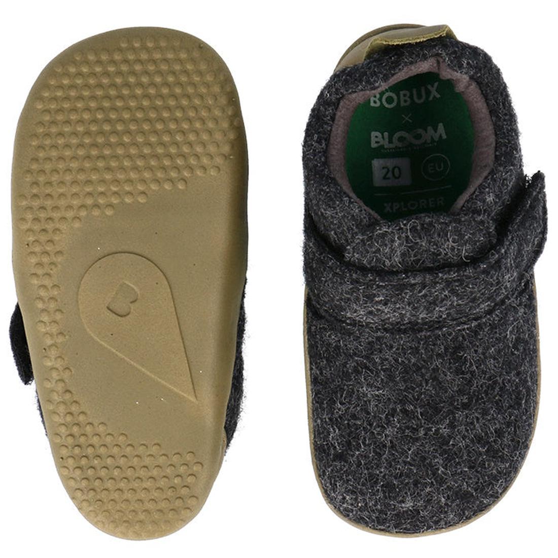 A pair of soft felt baby shoes, the Bobux Xplorer XP Marvel Felt in Charcoal Grey Olive, are shown; one displays a flexible tan sole, while the other reveals a suede toe cap and an inside label reading 20 EU., 9420075786721, 9420075786646, 9420075786707, 