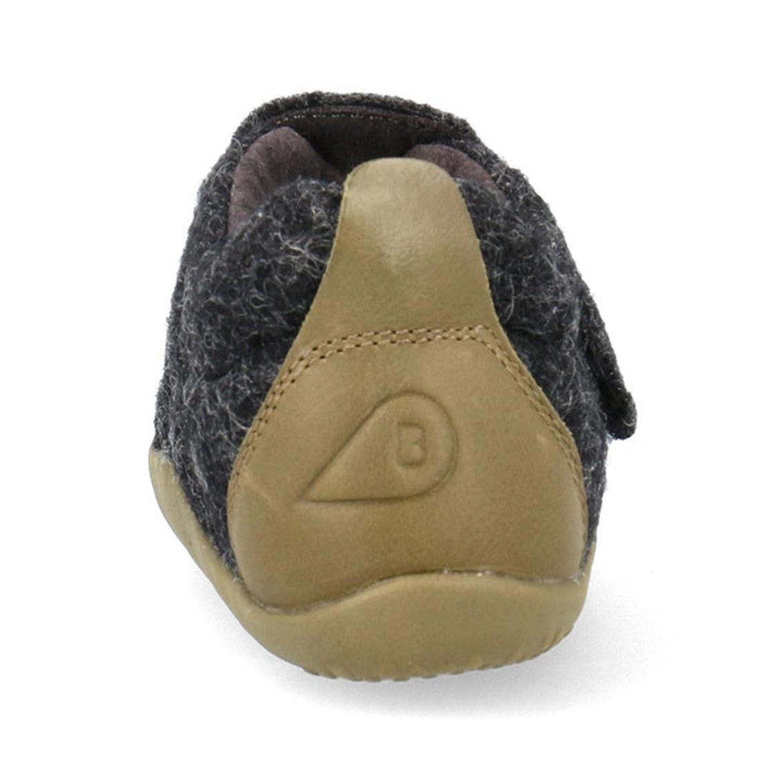 Rear view of the Bobux Xplorer XP Marvel Felt Charcoal Grey Olive kids' shoe, featuring a textured dark gray upper, soft felt finish, light brown rubber sole and heel, suede toe cap, and a raised logo on the back., 9420075786721, 9420075786646, 9420075786