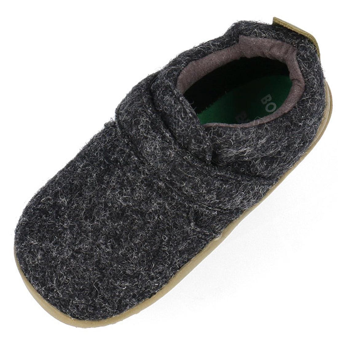 A Bobux Xplorer XP Marvel Felt Charcoal Grey Olive slipper with a fuzzy wool texture, closed toe, beige rubber sole, and suede toe cap, shown from above and angled to the side., 9420075786721, 9420075786646, 9420075786707, 9420075786752