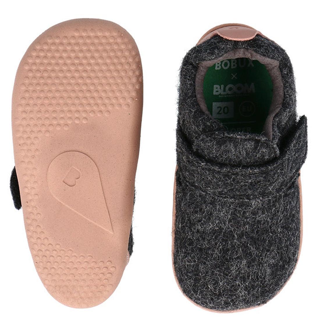 Top-down and bottom-up views of the Bobux Xplorer XP Marvel Felt Charcoal Pink baby shoe, featuring natural charcoal gray felt, a pale pink textured rubber sole with a small heart design, and a Velcro strap, shown on a white background., 9420075786691, 94
