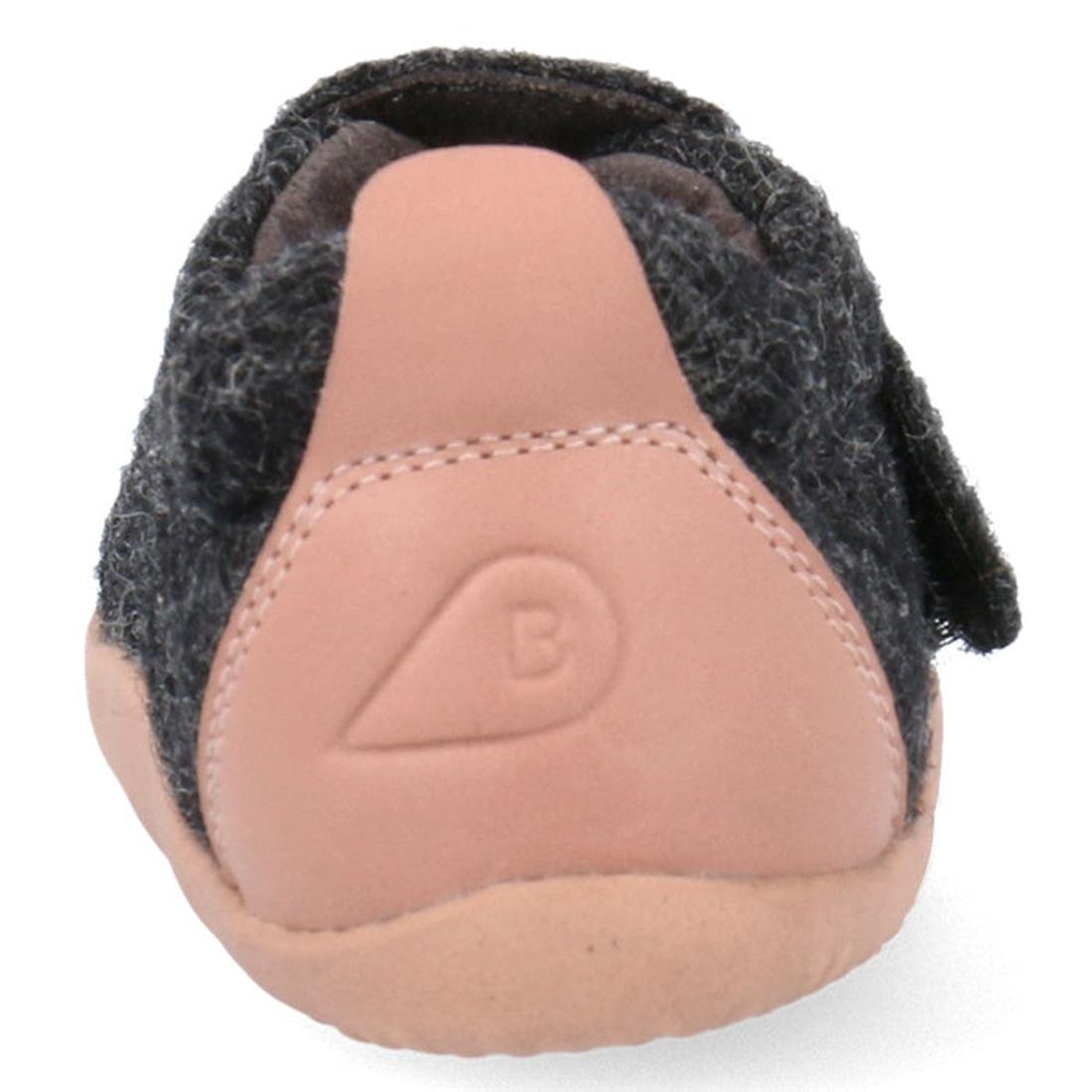 Close-up rear view of the Bobux Xplorer XP Marvel Felt Charcoal Pink baby shoe, featuring dark gray felt, a light pink rubber sole and heel, and a stamped B logo on the back., 9420075786691, 9420075786745, 9420075786714, 9420075786738