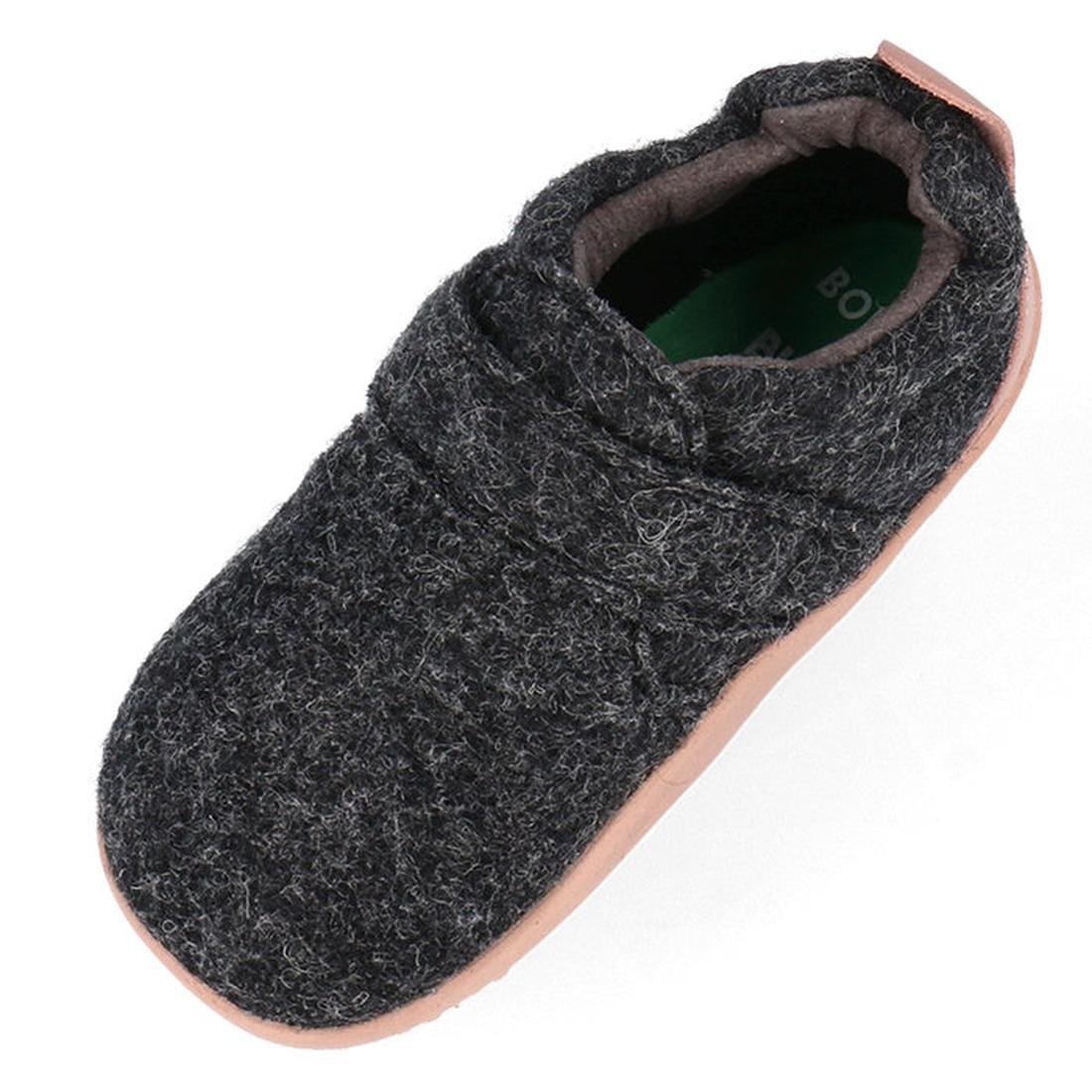 The Bobux Xplorer XP Marvel Felt Charcoal Pink is a single dark gray woolen baby shoe with a textured surface, light pink sole, and rounded toe—natural felt and flexible sole make it perfect for growing feet., 9420075786691, 9420075786745, 9420075786714, 