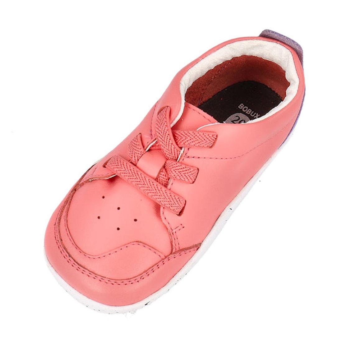 The Bobux XP Explorer Sport First Walker Sneaker Ocean Coral 502204 is a pink leather baby/toddler shoe with laces, white flexible sole, and toe ventilation holes—ideal as a premium first walker., 9420075785427, 9420075783324, 9420075784512, 9420075783621