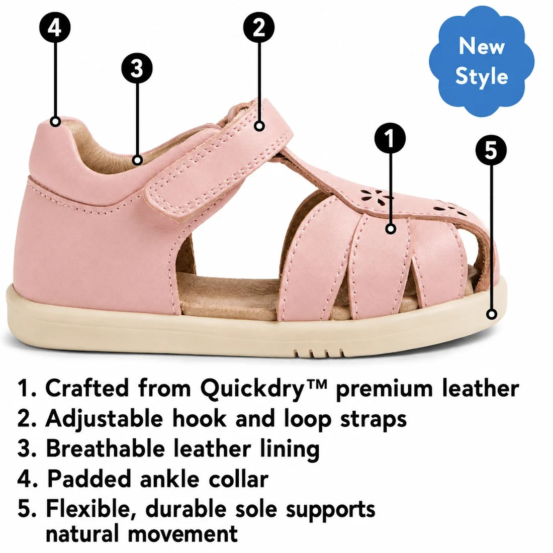 Bobux Step Up Grass Holly First Walker Closed Toe Sandal in White features a breathable quickdry leather upper, padded ankle collar, and a flexible sole. Designed with an adjustable hook-and-loop strap for a secure fit, this thoughtfully crafted toddler s
