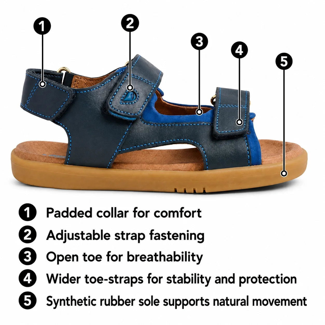 Introducing the Bobux IWalk Strand Sandal Pink Lemonade Open Toe for Toddlers, featuring labeled highlights: a padded collar, adjustable straps ensuring the perfect fit, open toe design, wide toe-straps, and a durable synthetic rubber sole. Each feature i