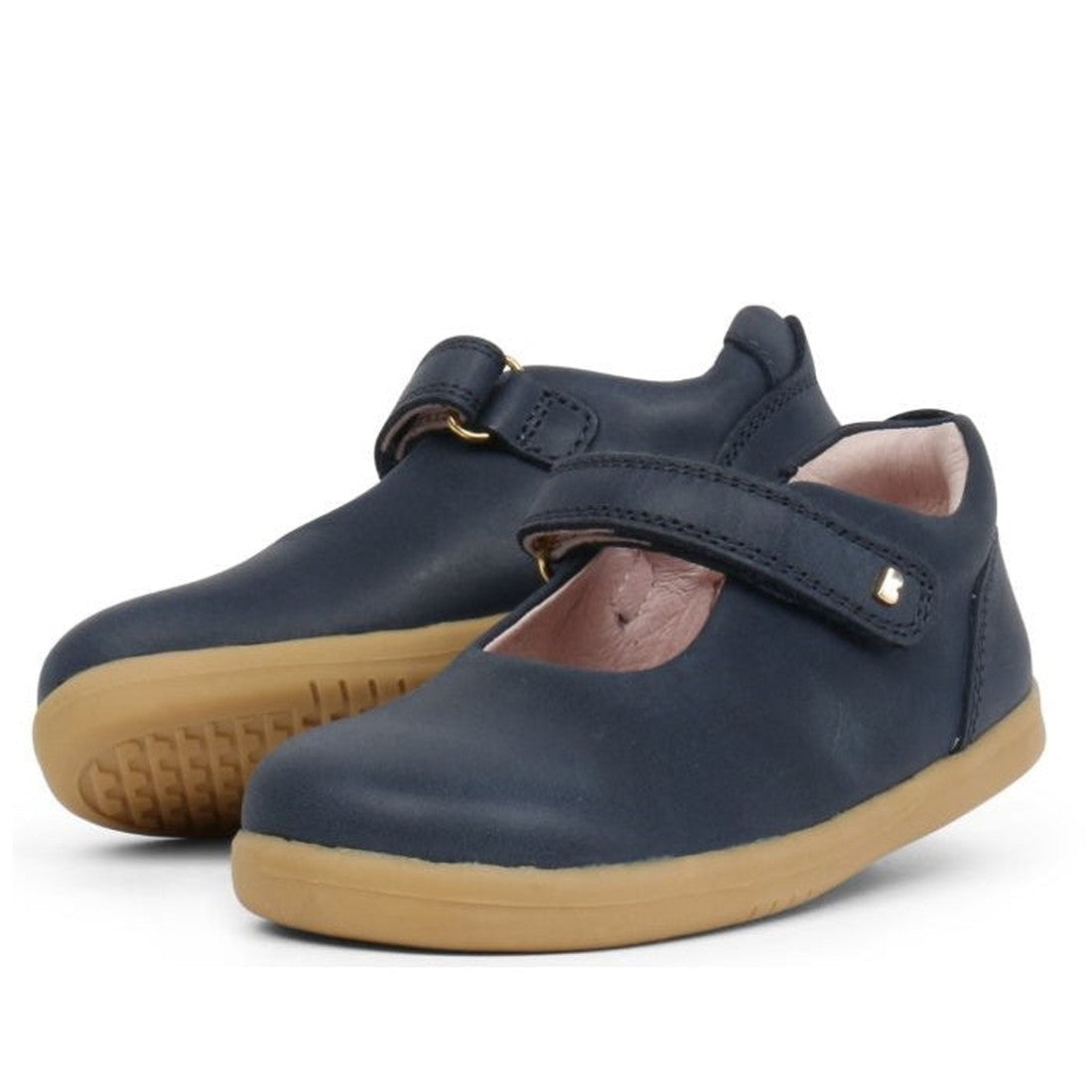 Bobux Iwalk Delight Mary Jane Navy 628026A—children’s navy blue leather shoes with tan rubber soles and Velcro straps, shown against a white background.