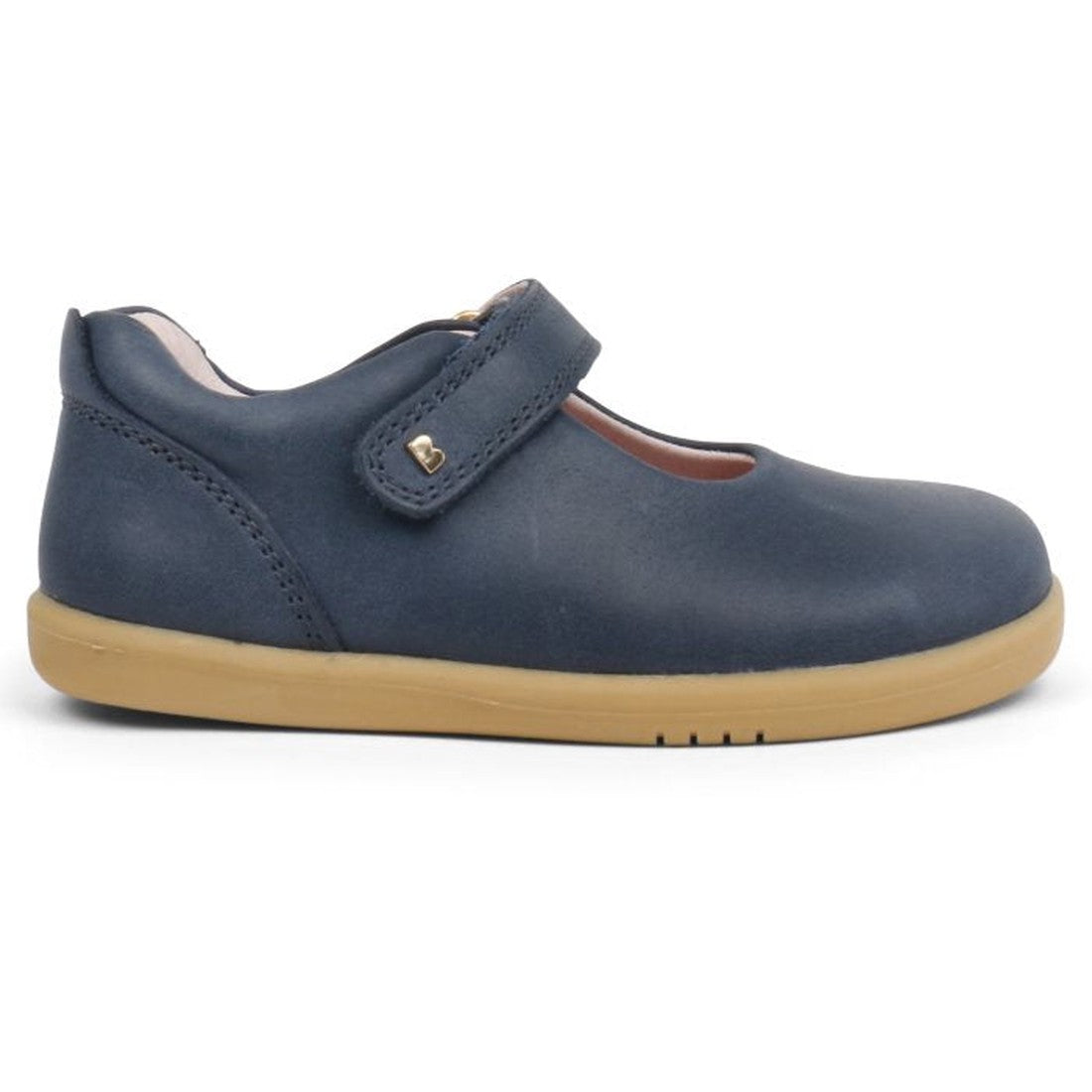 The Bobux Iwalk Delight Mary Jane Navy 628026A is a children’s shoe with a navy blue leather upper, tan rubber sole, and secure velcro strap., 9420062056028, 9420062056035, 9420062056042, 9420062056059, 9420062056066