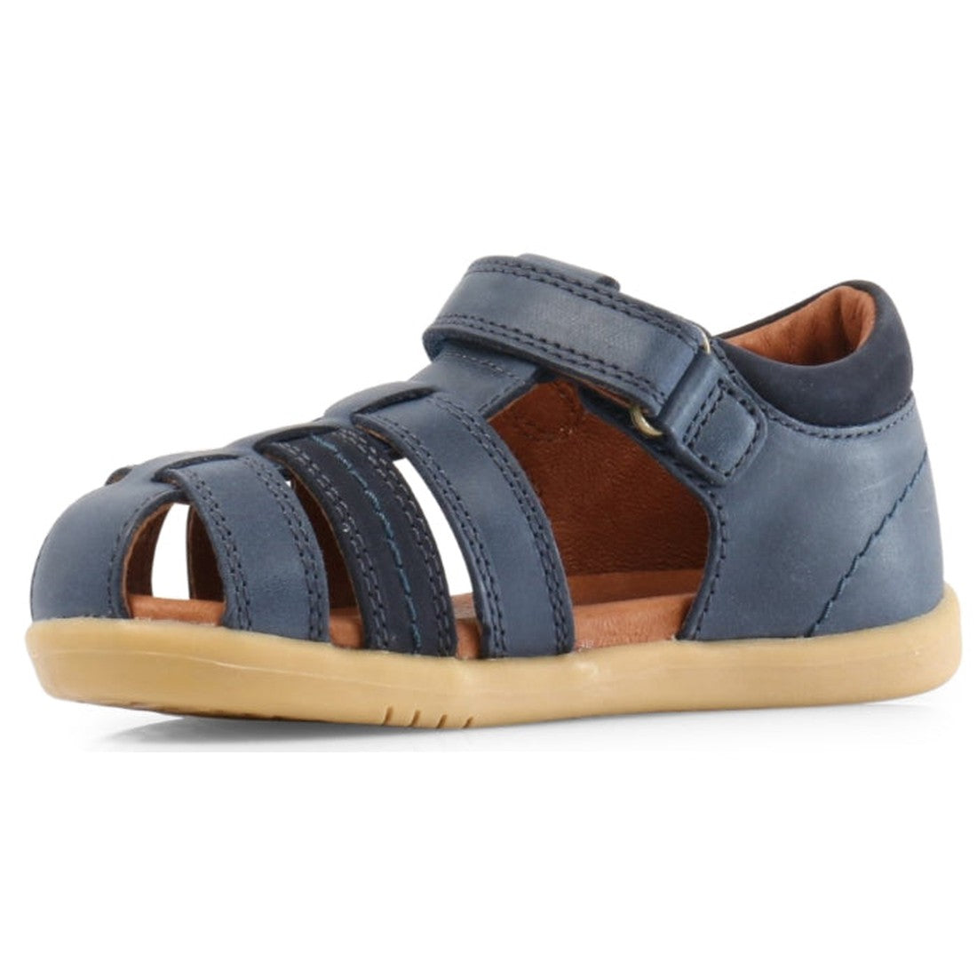The Bobux iwalk Roam Sandal Navy Closed Toe 626008A is a boys’ blue summer sandal with multiple straps, a tan rubber sole, Velcro fastening, and a soft brown inner lining., 9420062047279, 9420062047286, 9420057305346, 9420057305353, 9420057305360