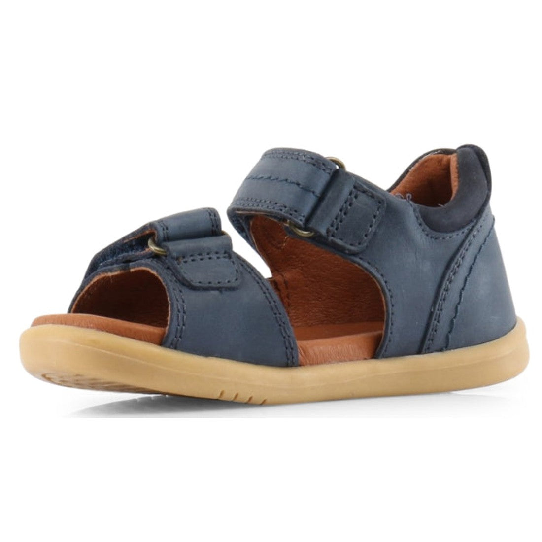 The Bobux IW Iwalk Driftwood Sandal Navy Open Toe 633601A features a blue upper, tan rubber sole, open toe and sides, and adjustable straps at the instep and ankle. The sandal is displayed angled on a white background., 9420062048023, 9420062048030, 94200