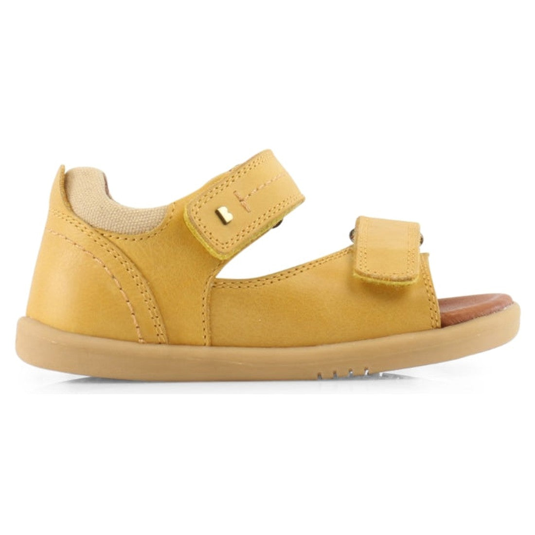 The Bobux iwalk Driftwood Sandal Chartruse Yellow Open Toe 633605, designed for children, features two adjustable Velcro straps and a soft rubber sole, shown in a side view against a plain white background., 9420057308477, 9420057308484, 9420057308491, 94
