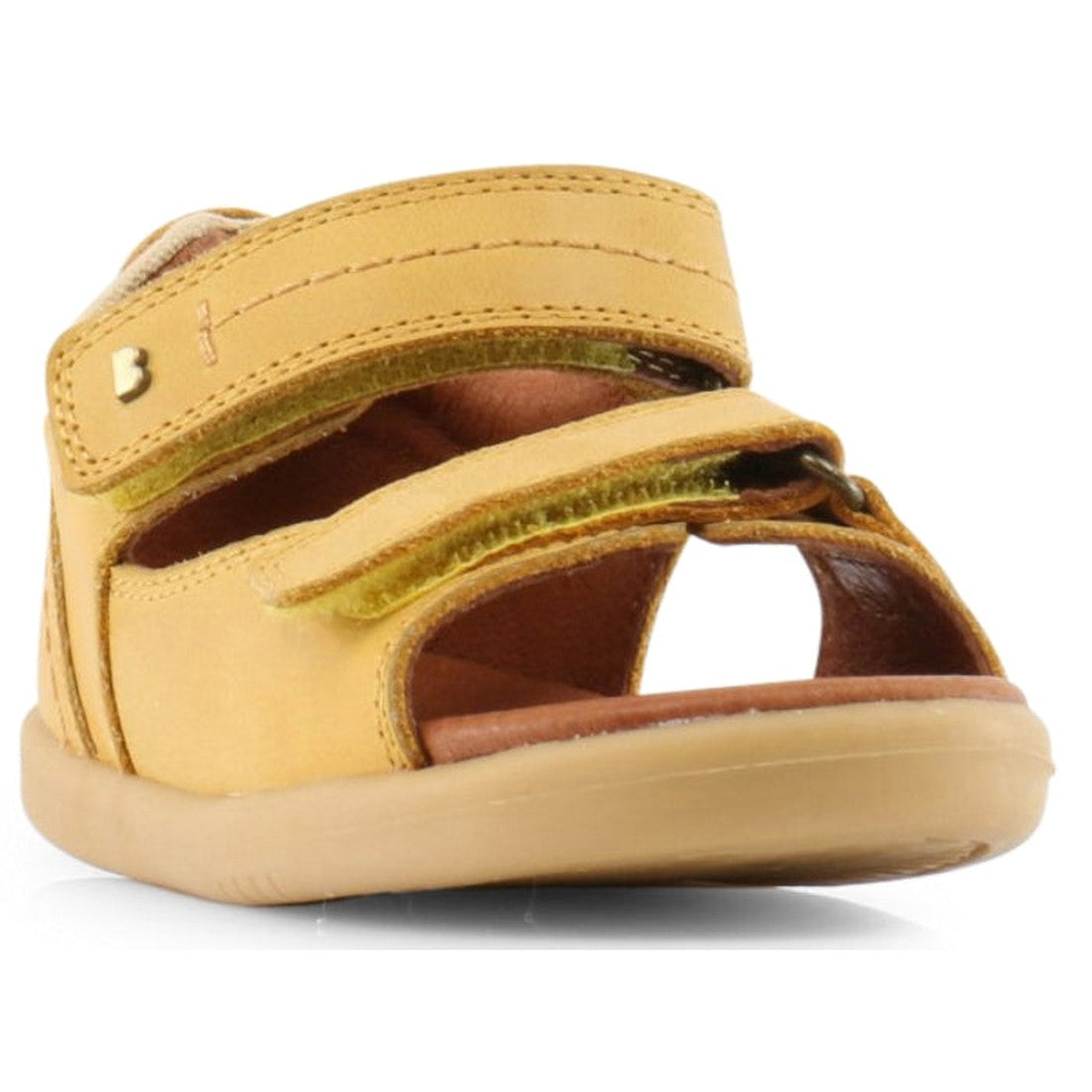 The Bobux iwalk Driftwood Sandal Chartruse Yellow Open Toe 633605 is a single kids sandal featuring two velcro straps and an open toe, displayed from the front on a white background., 9420057308477, 9420057308484, 9420057308491, 9420057308507, 94200573085