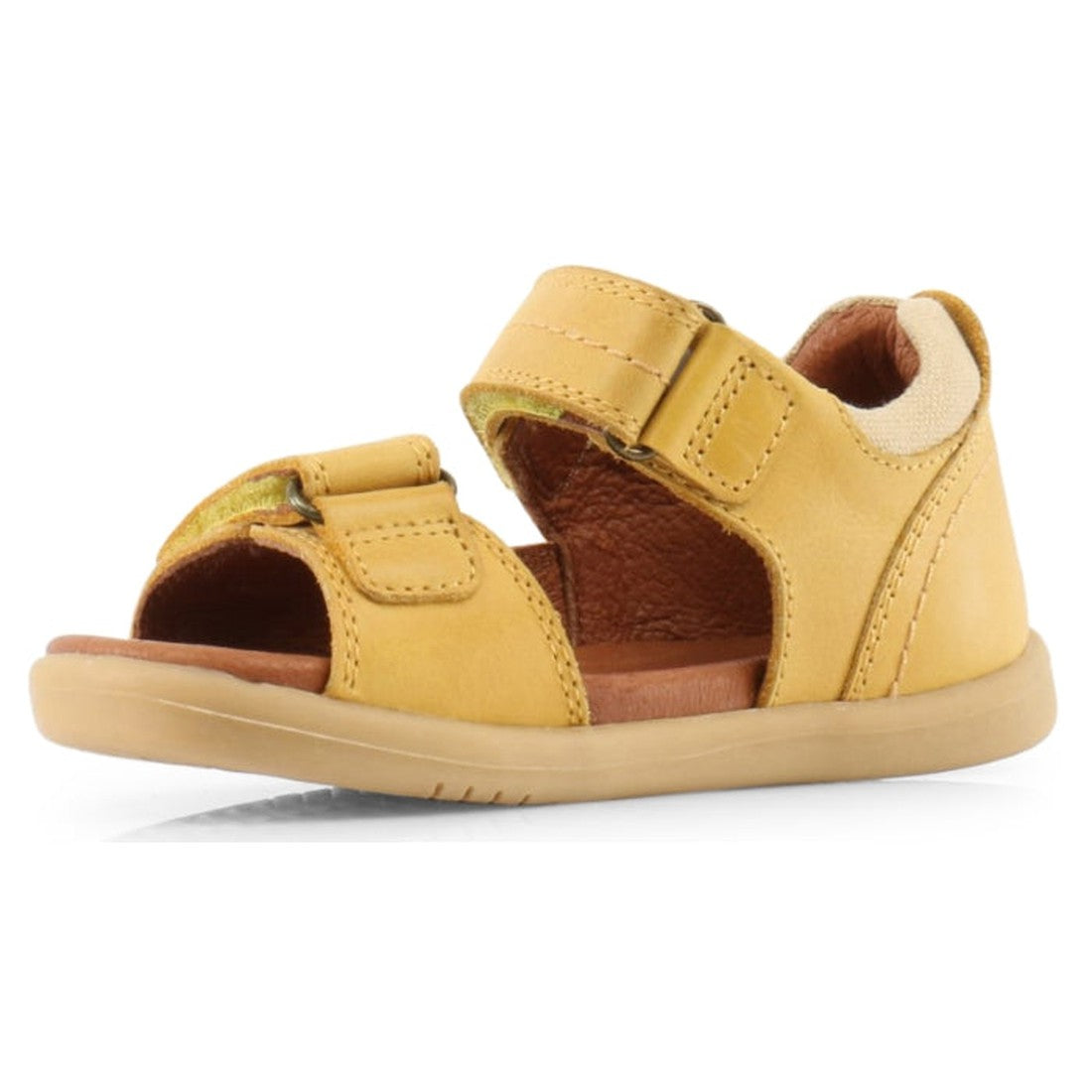The Bobux iwalk Driftwood Sandal Chartruse Yellow 633605 for toddlers features two adjustable Velcro straps, an open toe, and a cushioned sole, displayed against a white background., 9420057308477, 9420057308484, 9420057308491, 9420057308507, 942005730851