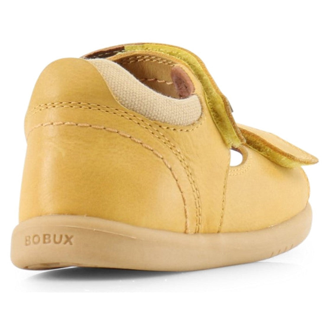 The Bobux iwalk Driftwood Sandal Chartruse Yellow Open Toe 633605 for toddlers features a tan rubber sole, Velcro strap, and soft fabric lining. Shown from the back angle with "BOBUX" embossed on the heel., 9420057308477, 9420057308484, 9420057308491, 942