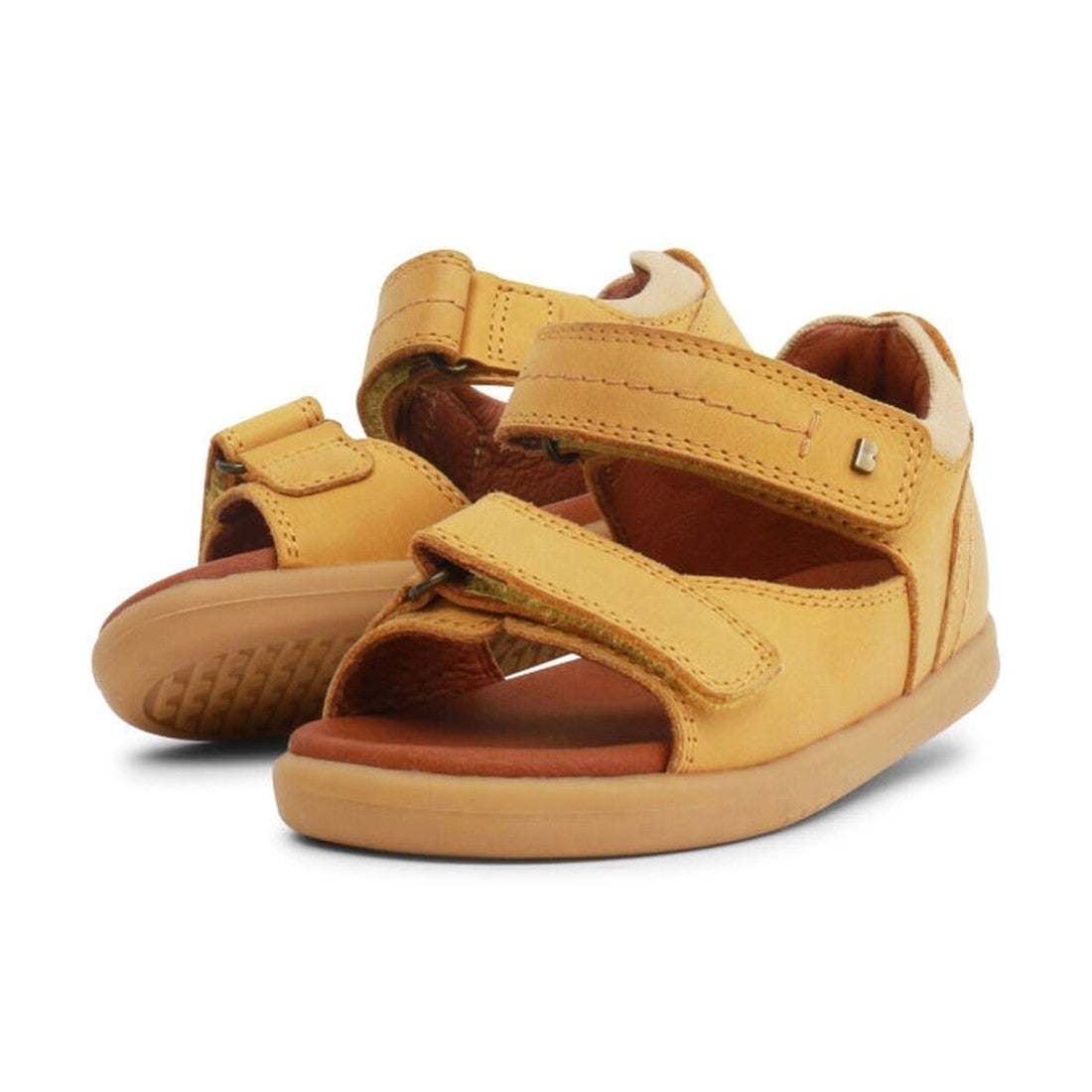 A pair of Bobux iwalk Driftwood Sandal Chartruse Yellow Open Toe 633605 for children, with two adjustable Velcro straps and a closed heel, shown against a white background.