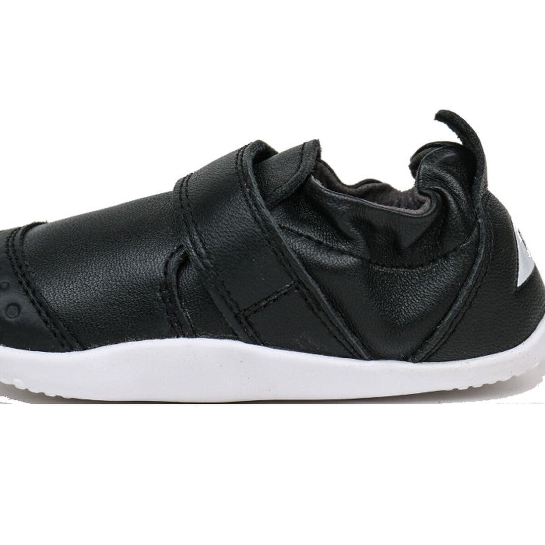 The Bobux Explorer Go Black/White 501001B is a premium soft leather baby shoe in black with elastic detail and a flexible white rubber sole—ideal toddler first steps shoes, shown side view on a white background., 9420062079706, 9420062079713, 942006207972