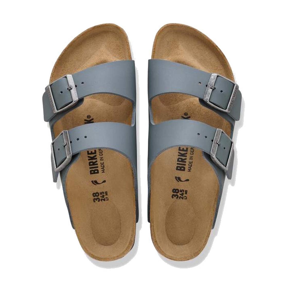 A pair of BIRKENSTOCK Arizona Birko Flor Balsat Grey regular width 2-strap sandals with adjustable buckles, cork-latex footbeds, and beige soles, shown from above on a white background., 51737, 51738, 51739, 4067707675807, 4067707675845, 4067707675883, 40
