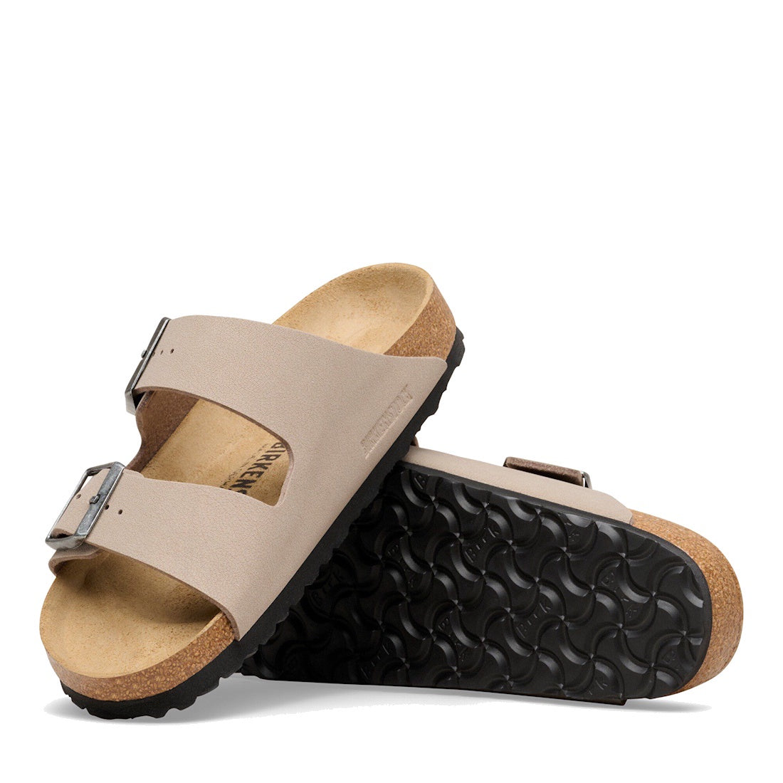 Birkenstock Arizona Birkibuc Grey Taupe sandals with comfy cork soles, sturdy twin straps, buckle closures, and kid-friendly grip.  ksnz