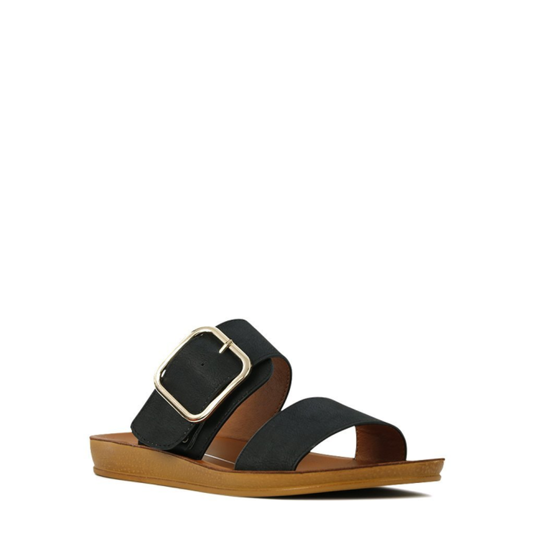 The Los Cabos Doti Black Light Flexible-Sandal features a wide black strap with a gold buckle, a slim toe strap, and a brown flat sole—ideal for travel—shown isolated on a white background., 9321191045450, 9321191045467, 9321191045474, 9321191045481, 9321