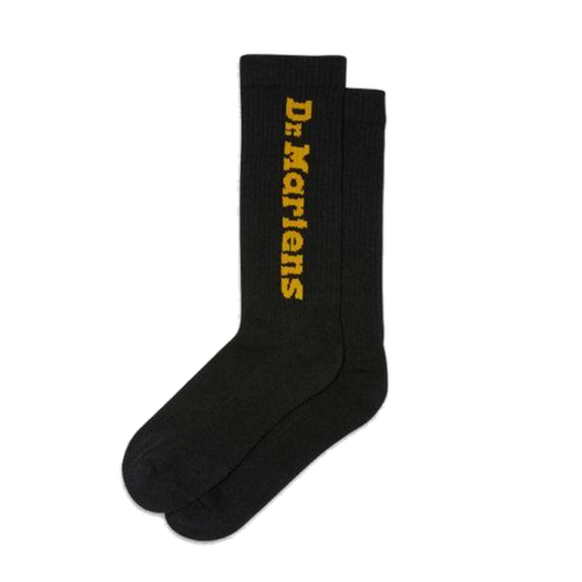 Dr Martens Socks Vertical Logo Unisex Black Yellow—soft black crew socks with a bright yellow Dr. Martens logo, perfect for active kids.  ksnz