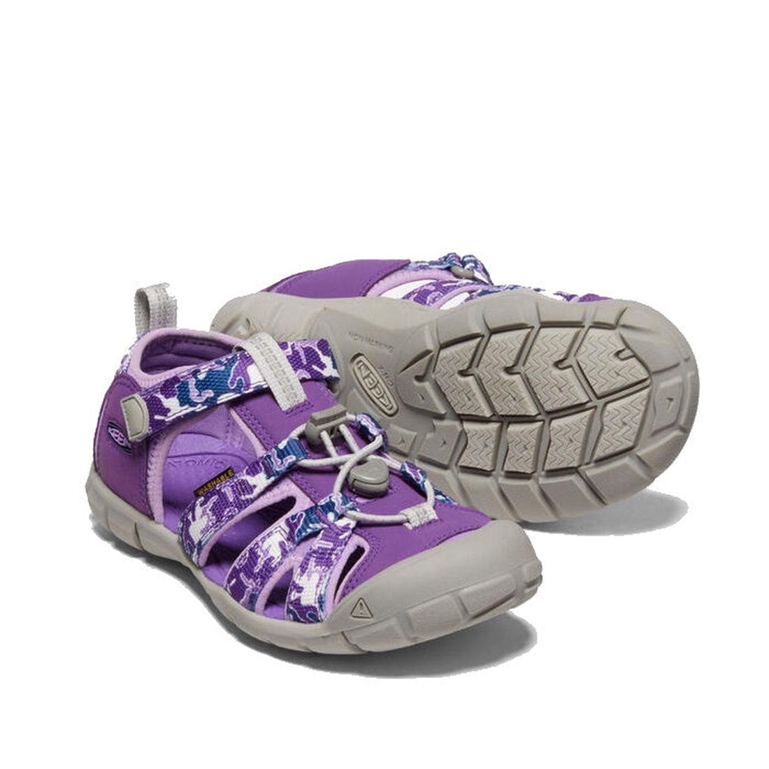 Keen Big Kids Seacamp 11 CNX Camo water sandals in Tillandsia Purple, comfy gray soles and blue-purple camo straps, easy closure.  ksnz