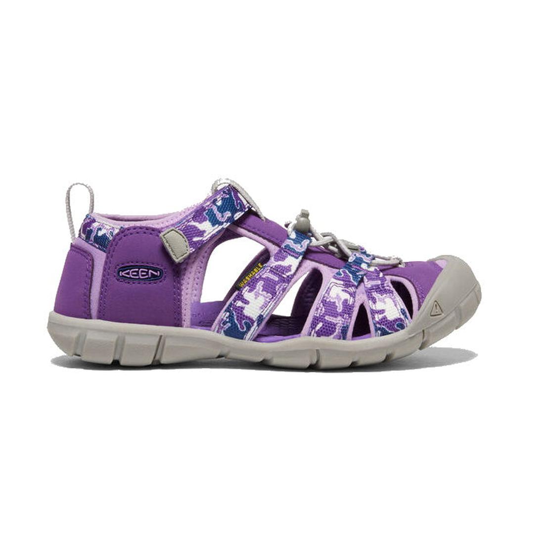 Keen Big Kids - Seacamp 11 CNX Camo Tillandsia Purple sandal, closed-toe, camo straps, gray sole, pull-cord closure, side view.  ksnz