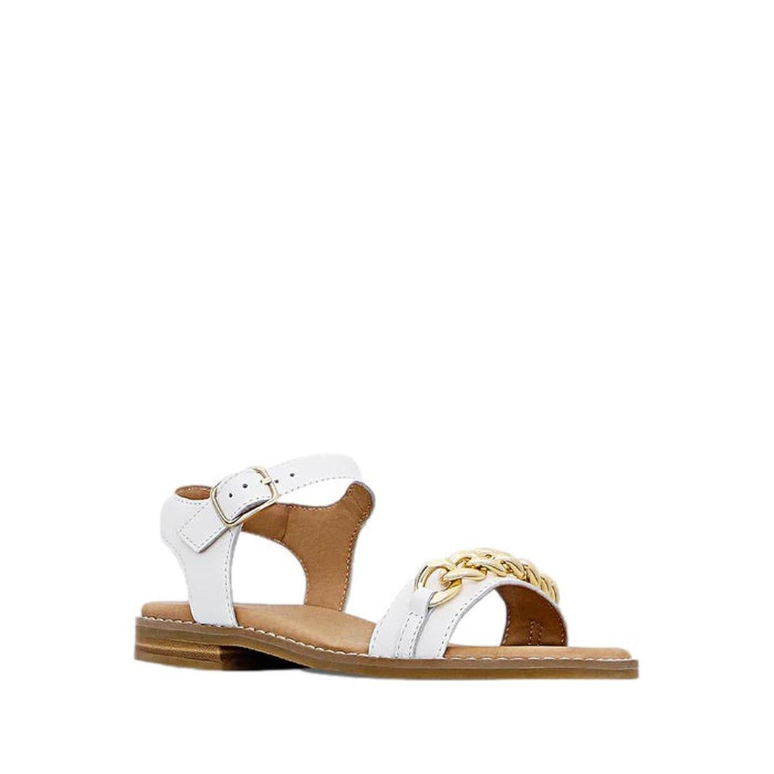 Clarks Girls Amy White Leather Sandal—cute white sandals with tan flat sole, ankle buckle strap, and a shiny gold chain accent.  ksnz
