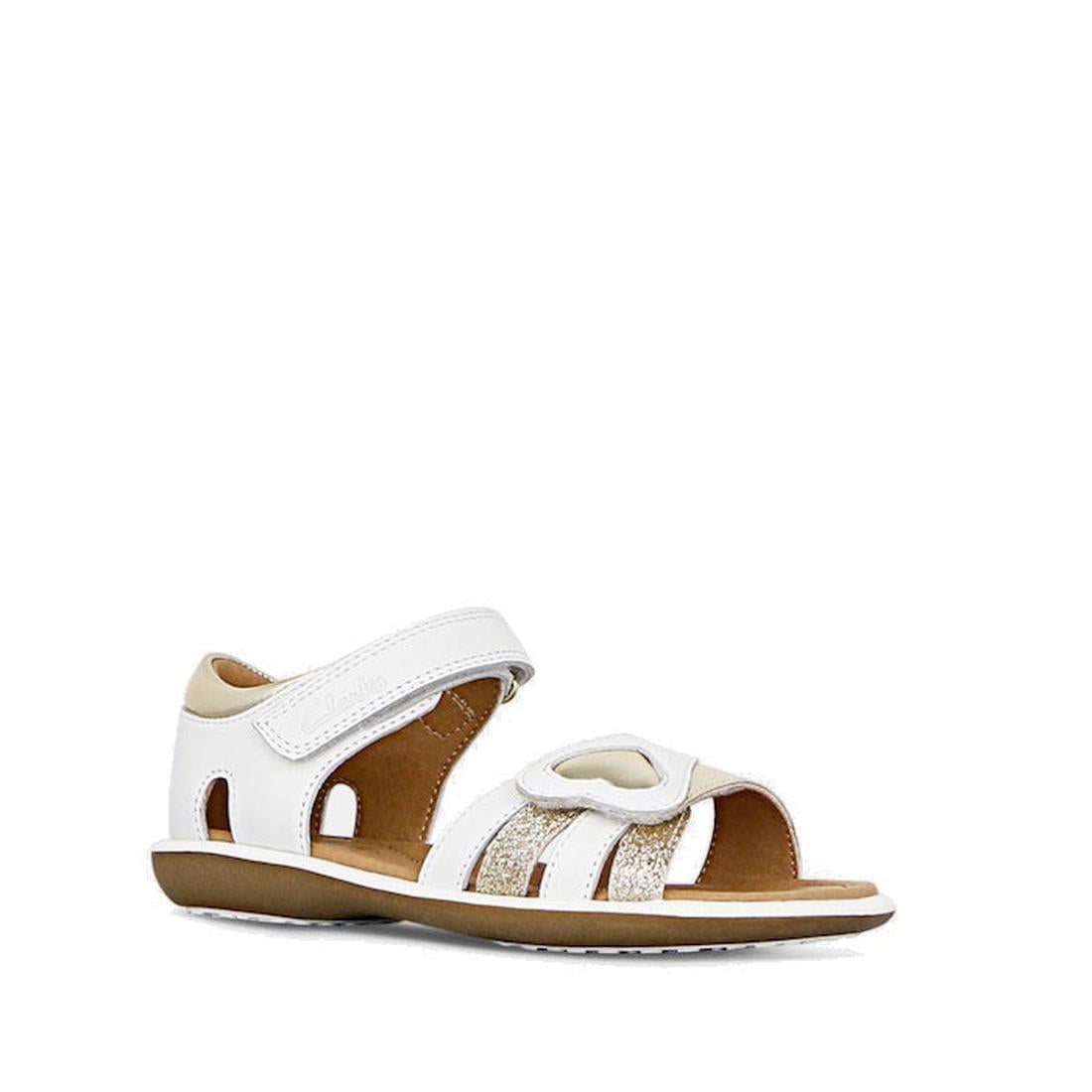 Clarks Girls Pippa Leather Sandals in white and gold, with heart detail, sparkly straps, soft sole, and kid-friendly Velcro closure.  ksnz