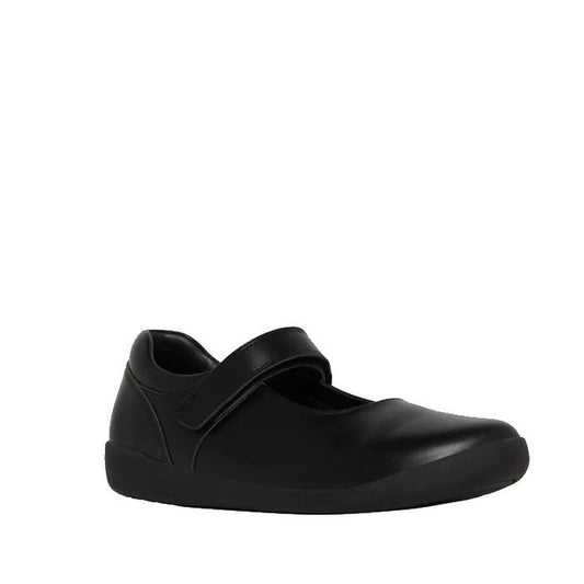 The Clarks Bethany Velcro Leather School Shoes, Mary Jane style in senior sizes, feature a black leather upper, rounded toe, low heel, self-fastening strap, and comfortable memory foam footbed against a plain white background.