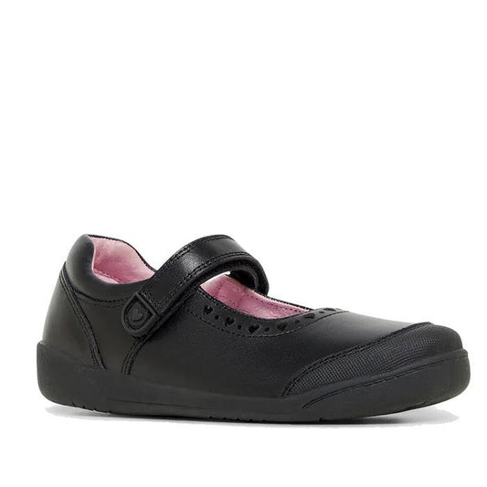 A black leather Clarks school shoe for kids with a Mary Jane style, featuring a Velcro strap and a round toe cap in a D naroow width.,
