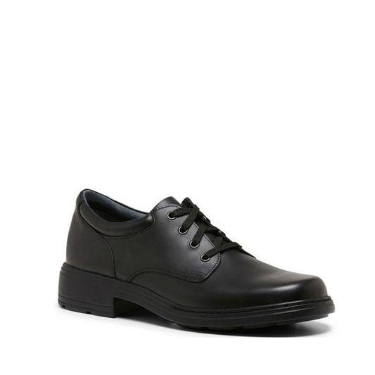 The Clarks Infinity Senior C black leather lace-up shoe features a rounded toe, low heel, and narrow fit—displayed on a white background. Orthotic friendly and ideal as a comfortable school shoe.