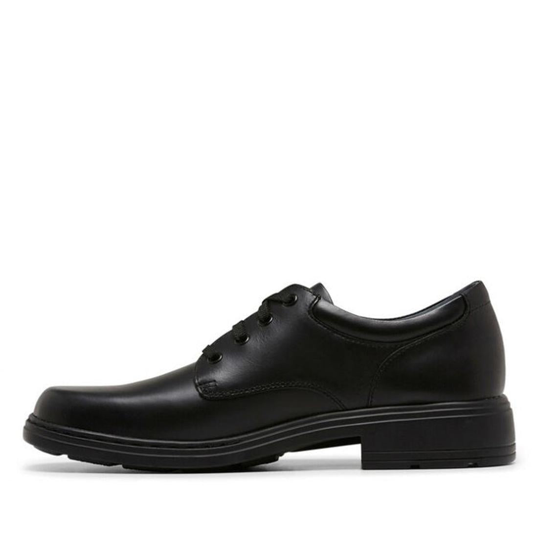 The Clarks Infinity Senior F is a wide-width black leather dress shoe with laces, low heel, and rounded toe, shown in side profile on a white background., 9336078387288, 18800, 9336078387301, 9336078387318, 9336078387325, 18804, 9336078387349, 93360783873