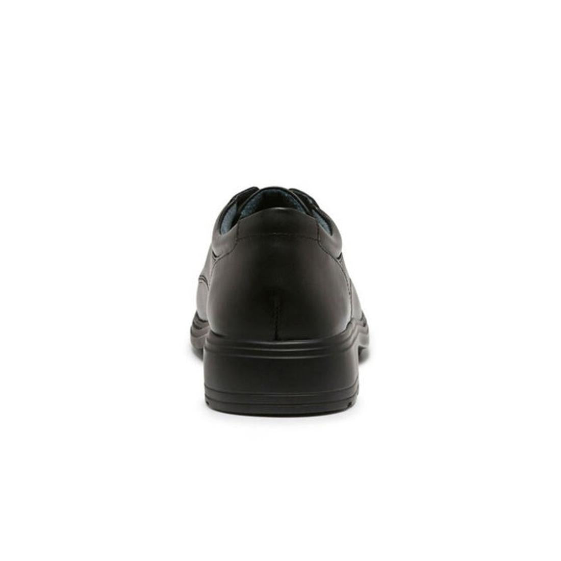 The Clarks Infinity Senior F - Wide width shoe is shown from the back on a white background, highlighting its premium black leather, wide fit design, heel, and part of the sole., 9336078387288, 18800, 9336078387301, 9336078387318, 9336078387325, 18804, 93