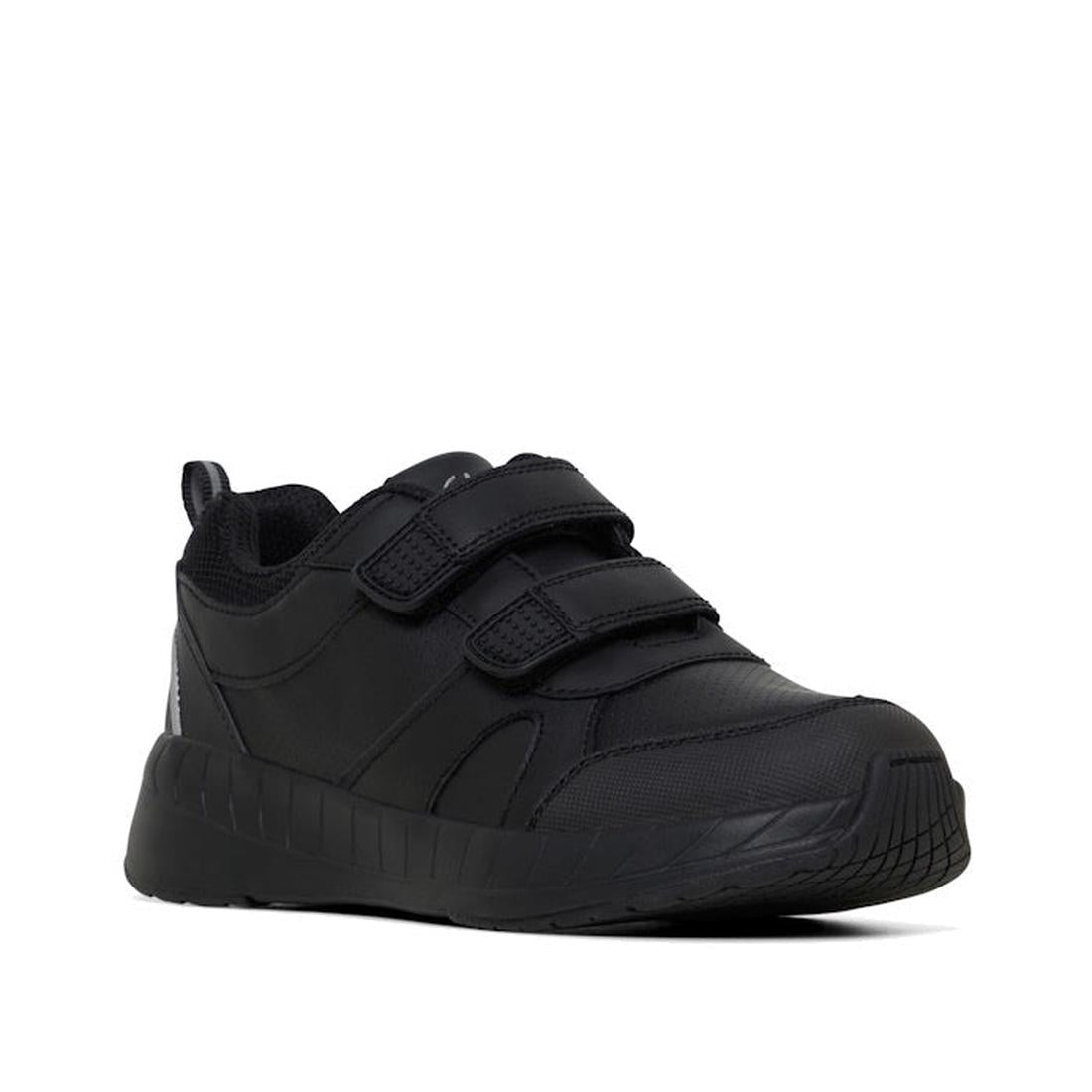 The Clarks Kids Hustle Black School Trainer is a black sports shoe with a thick sole and two velcro straps, shown angled on a white background, designed for comfort and durability.