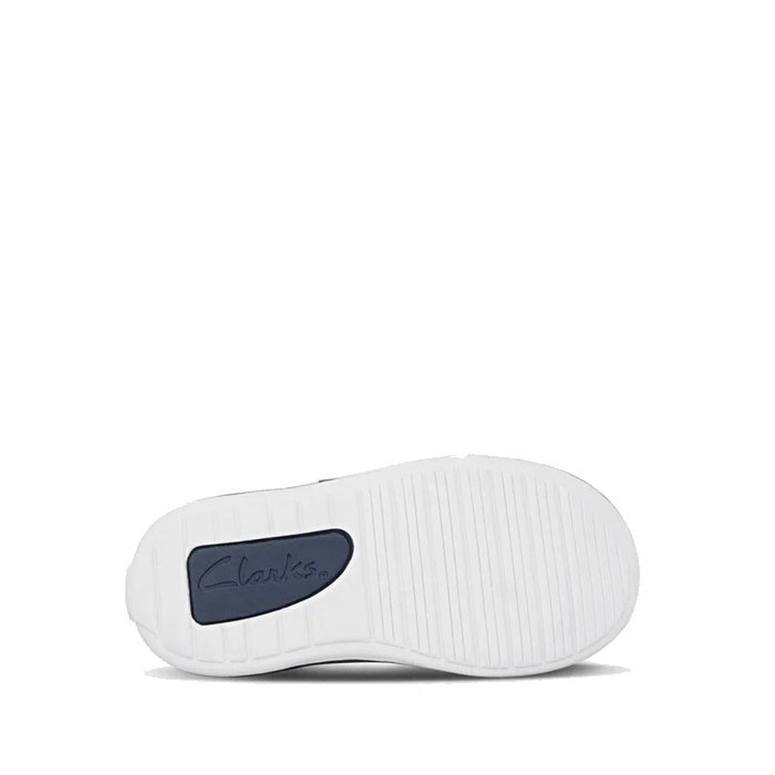 The image displays the sole of the Clarks Toddlers Melvin Leather Sneaker Shoe in navy (D narrow width), featuring a textured white sole with a dark blue oval bearing the Clarks logo, shown sole-up against a plain white background., 36283, 9336078978462, 