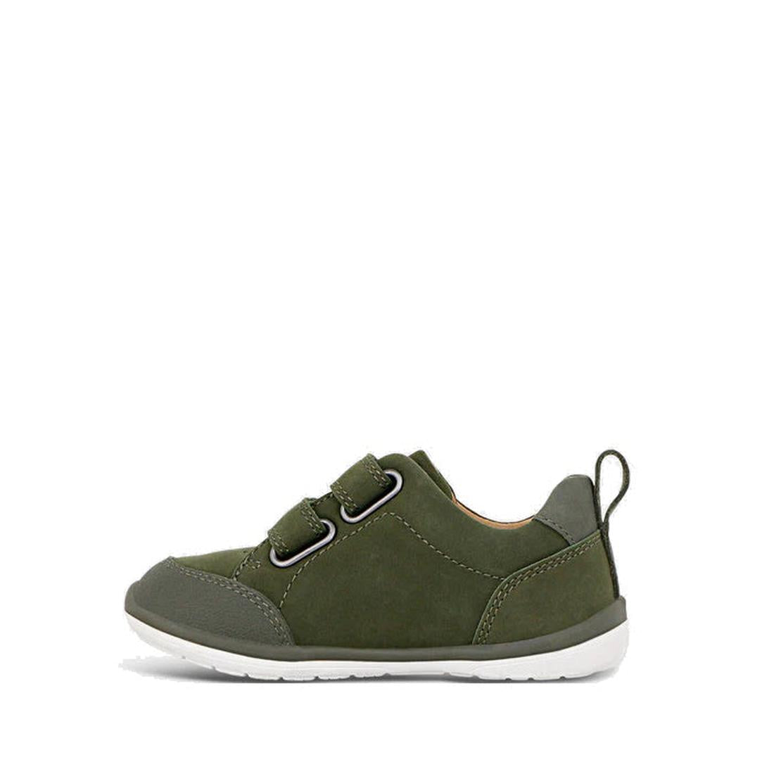 The Clarks Toddlers Melvin Leather Sneaker Shoe in olive features two Velcro straps, gray toe and heel accents, padded collar, white sole, pull tab at the heel, and is shown in profile on a plain white background. D Narrow Width., 36278, 9336078979483, 93