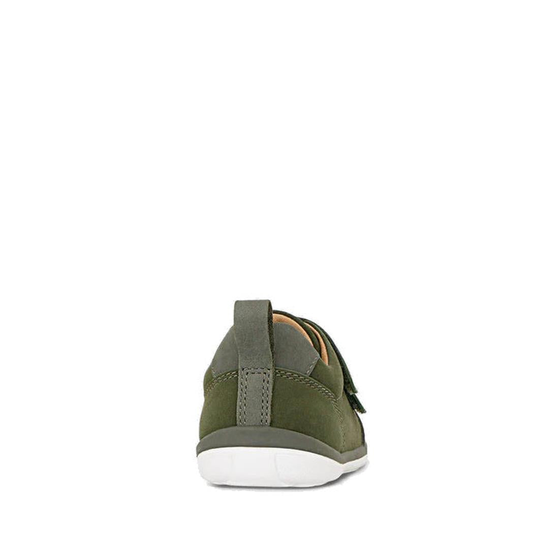 The Clarks Toddlers Melvin Leather Sneaker Shoe in olive D narrow width features a white sole, padded collar, pull tab at the heel, and visible stitching, seen from the back against a white background., 36278, 9336078979483, 9336078979506, 9336078979520, 