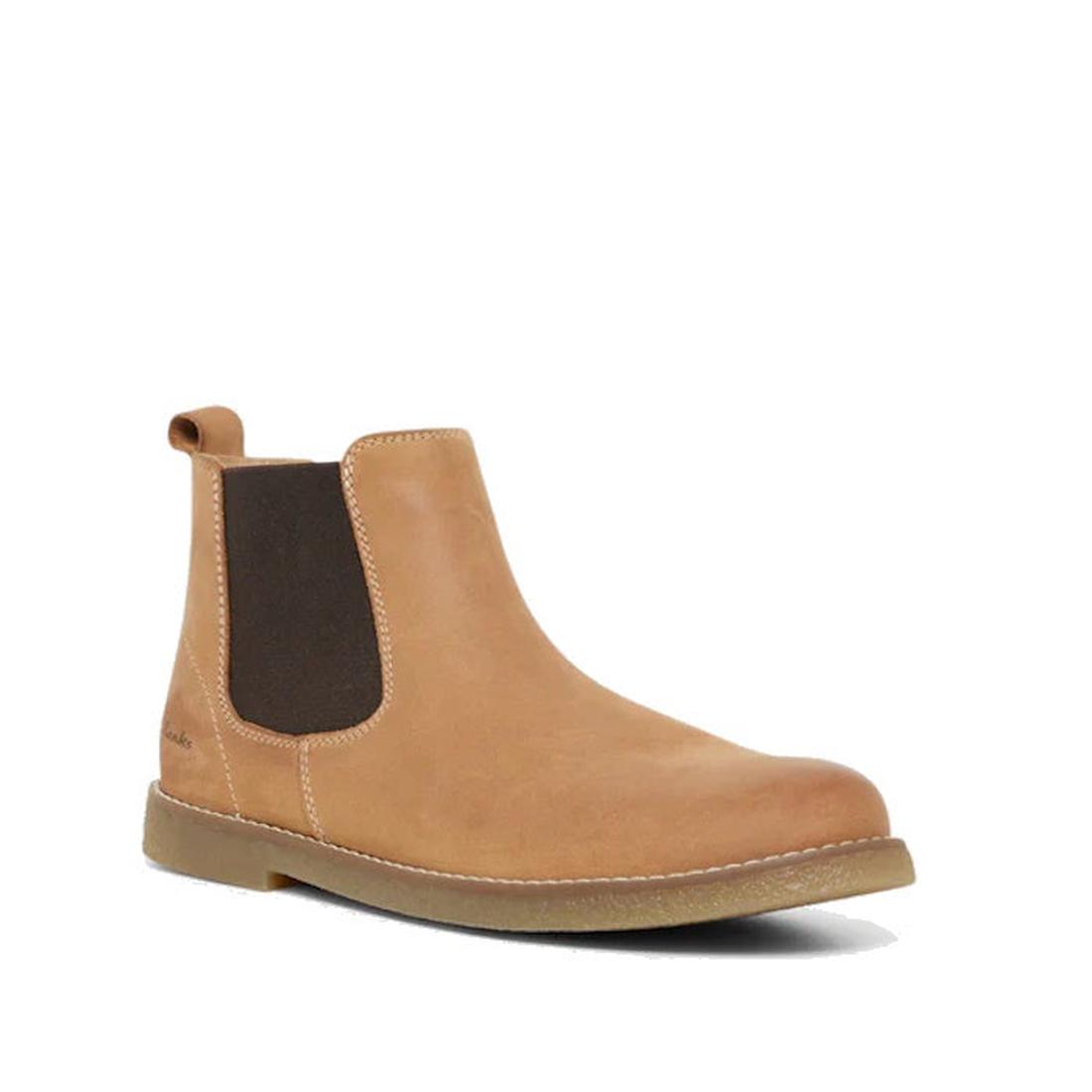 Clarks Kids Chelsea II Youths Leather Boot in Tan Waxy Leather features elastic side panels, a back pull tab, genuine leather uppers, and a flat rubber sole, shown on a plain white background.