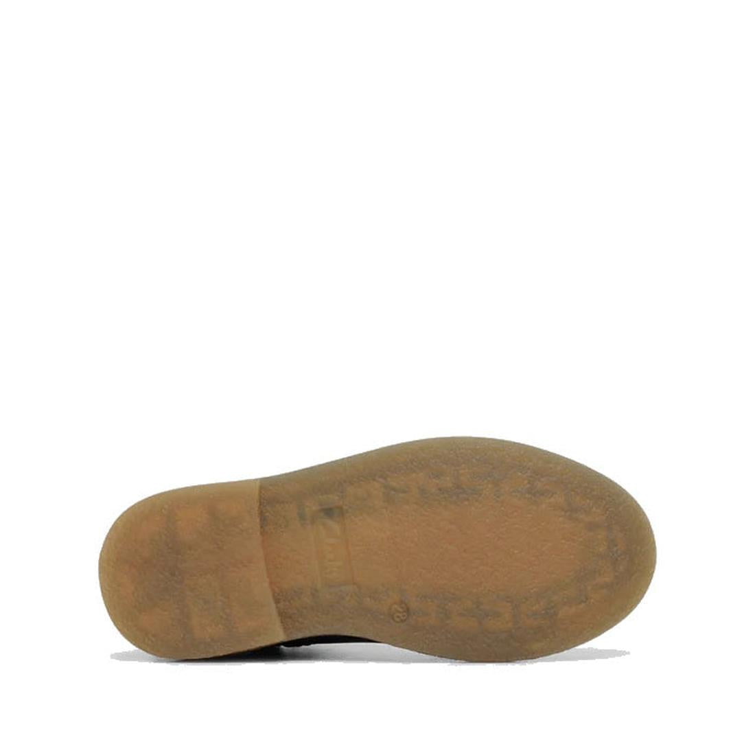 A single Clarks Kids Chelsea II Youths Leather Boot in navy leather is displayed on its side, showcasing the brown, textured rubber sole with a visible Puddle Proof tread pattern against a white background., 9336078964427, 9336078964434, 9336078964441, 93