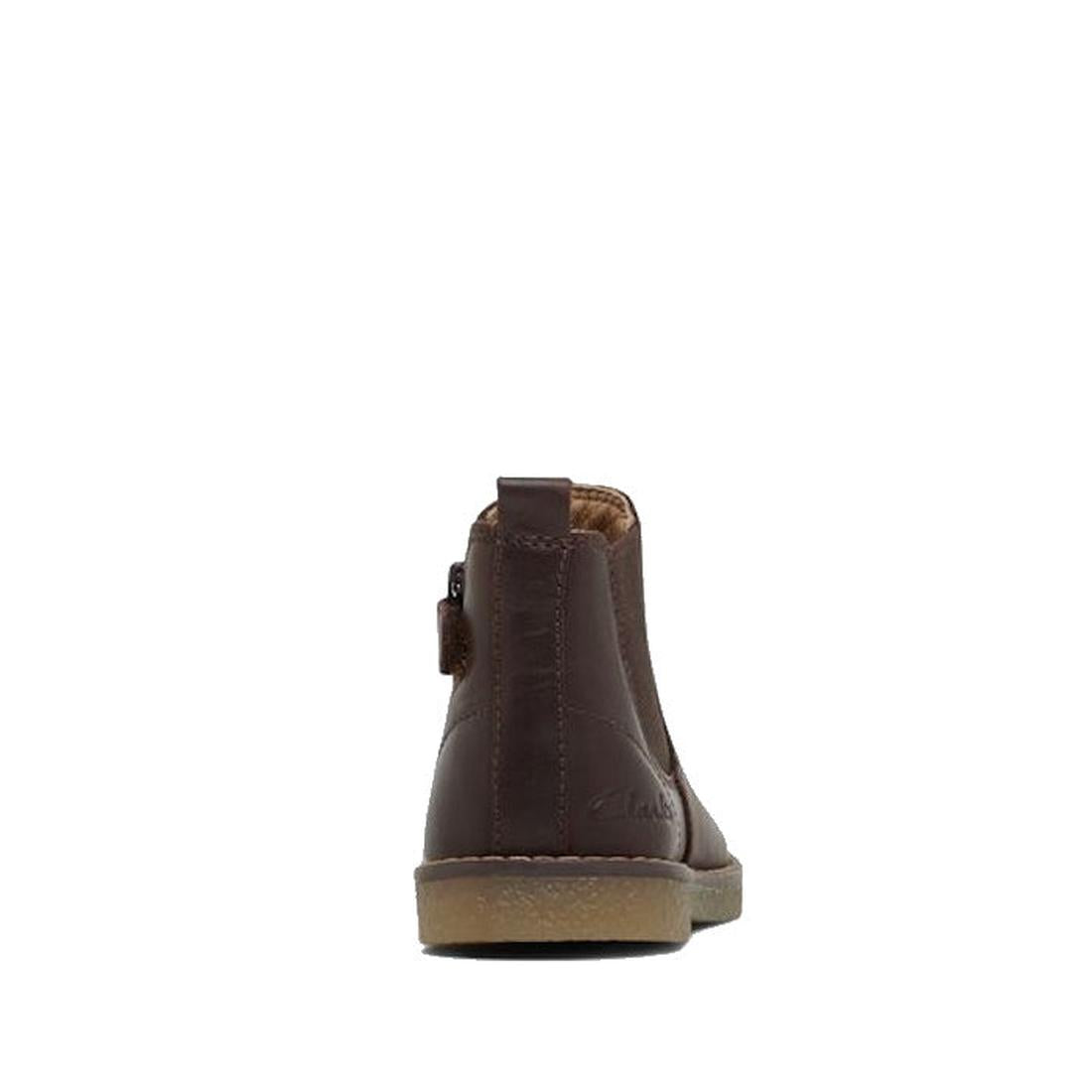 The Clarks Chelsea II Jnr Toddlers Leather Boot in Dark Brown is shown from the back, displaying its flat rubber sole and rear pull tab, crafted from genuine leather against a plain white background., 9336078965349, 9336078965356, 9336078965363, 933607896