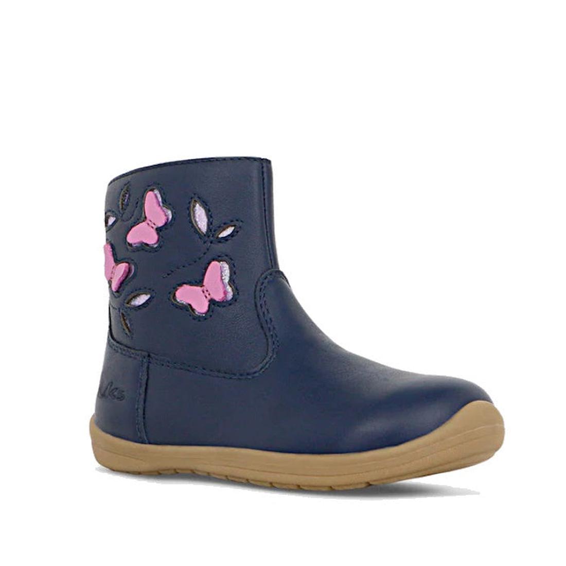 The Clarks Kids Marcela Leather Boot in navy features a leather upper, tan sole, and pink butterfly and leaf appliqués on the side; available in a D width for narrow feet.