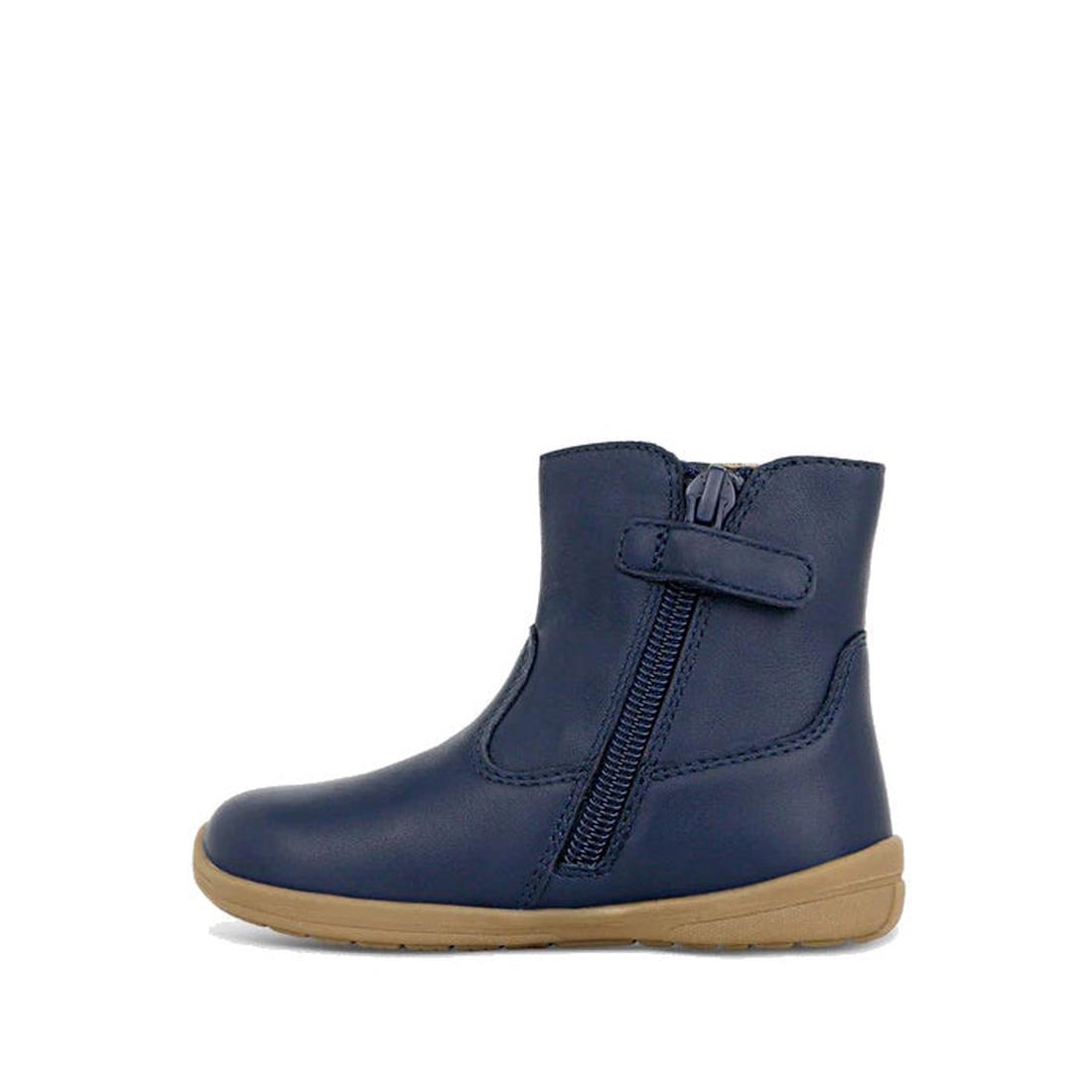 The Clarks Kids Marcela Leather Boot Navy (E width, average) is a girls’ ankle boot with a leather upper, side zipper, tan rubber sole, and rounded toe. Its smooth, classic design suits any outfit—shown here against a white background., 36303, 93360789816